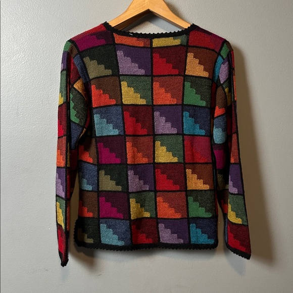 Colorful Geometric Pattern Sweater buttons long sleeve sweetheart neckline L - Picture 7 of 10